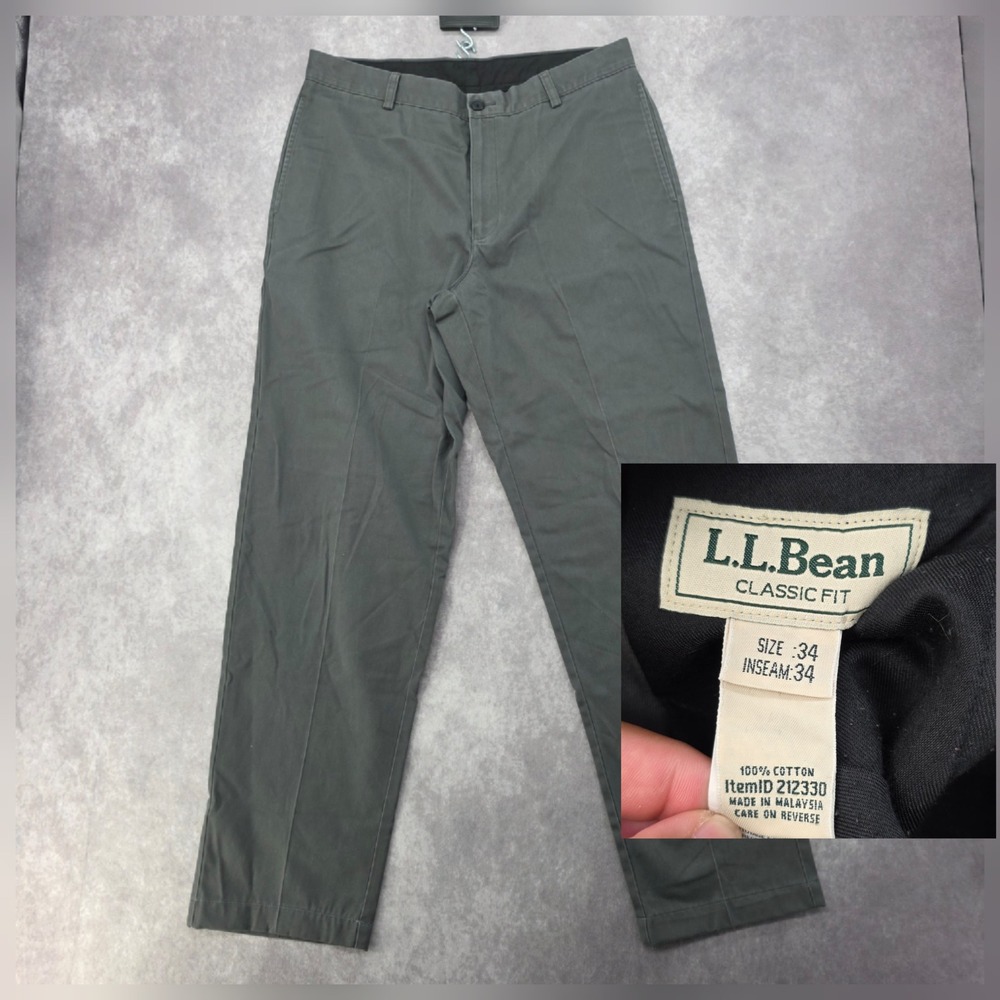LL Bean Classic Fit Chino Pants Mens 34x34 Charcoal Cotton Twill Fits 34x32